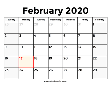 February 2020 Calendar With Holidays