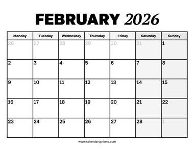 February 2026 Calendar Monday Start