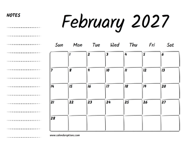 February 2027 Printable Calendar