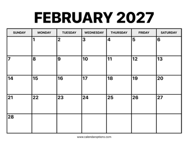 February Calendar 2027