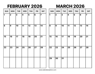 February and March 2026 Calendar