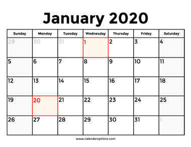 January 2020 Calendar With Holidays