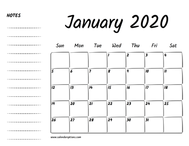 January 2020 Printable Calendar