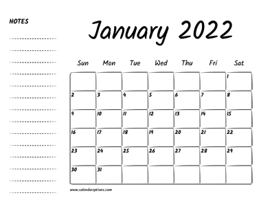 January 2022 Printable Calendar