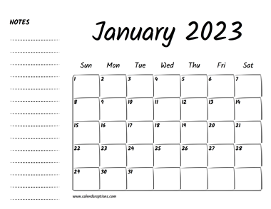 January 2023 Printable Calendar
