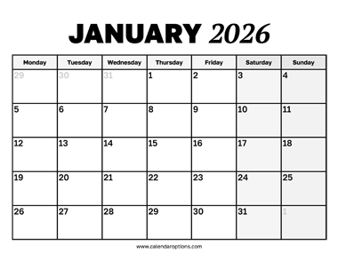 January 2026 Calendar Monday Start