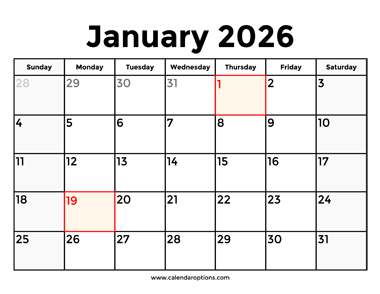 January 2026 Calendar With Holidays