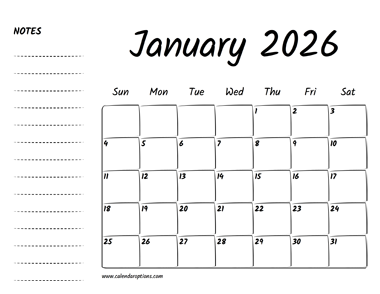 January 2026 Printable Calendar