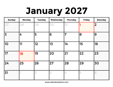 January 2027 Calendar With Holidays