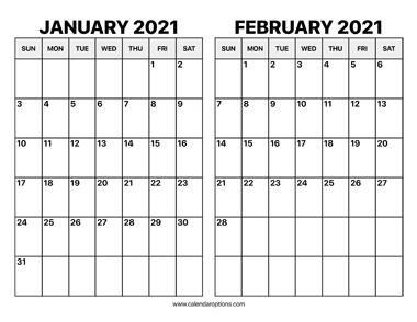 January and February 2021 Calendar
