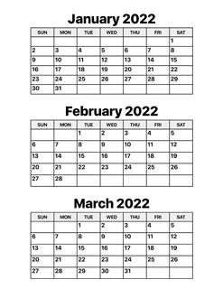 January, February and March 2022 Calendar