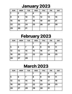 January, February and March 2023 Calendar
