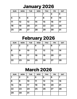 January, February and March 2026 Calendar