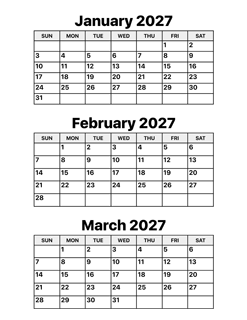 January, February and March 2027 Calendar
