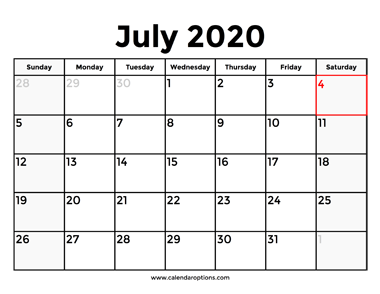July 2020 Calendar With Holidays