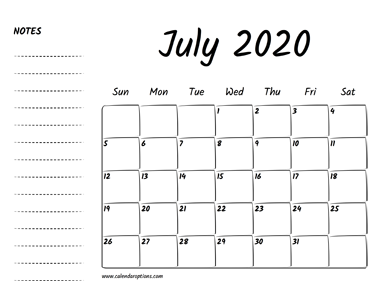 July 2020 Printable Calendar