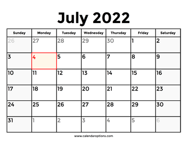July 2022 Calendar With Holidays