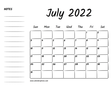 July 2022 Printable Calendar