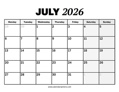 July 2026 Calendar With Monday Start