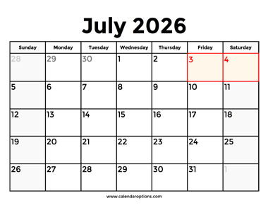 July 2026 Calendar With Holidays