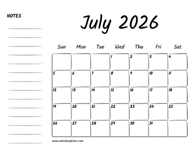 July 2026 Printable Calendar