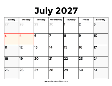 July 2027 Calendar With Holidays