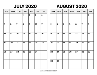 July and August 2020 Calendar