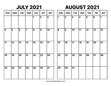 July and August 2021 Calendar