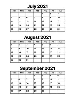 July, August and September 2021 Calendar