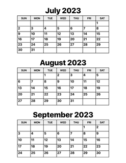 July, August and September 2023 Calendar