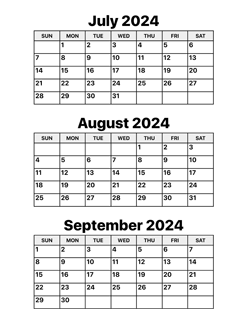 July, August and September 2024 Calendar