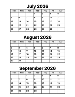 July, August and September 2026 Calendar