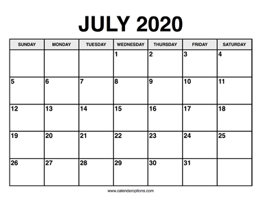 July Calendar 2020