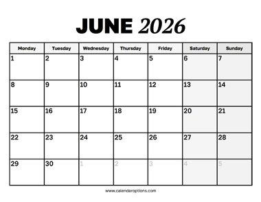 June 2026 Calendar (Monday Start)