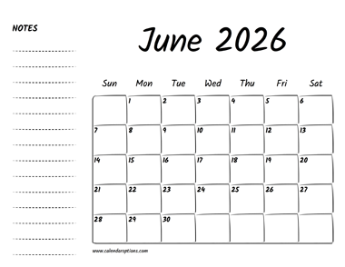 June 2026 Printable Calendar
