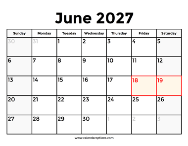 June 2027 Calendar With Holidays