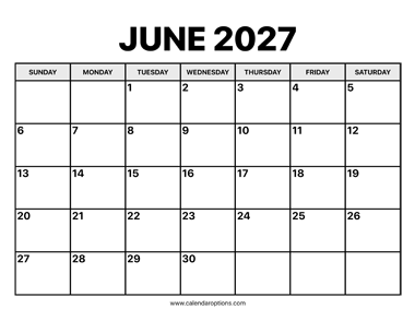 June Calendar 2027