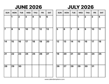 June and July 2026 Calendar