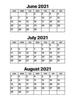 June July August 2021 Calendar