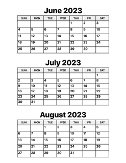 June July August 2023 Calendar