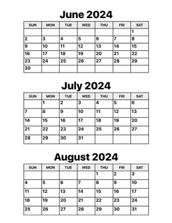 June July August 2024 Calendar