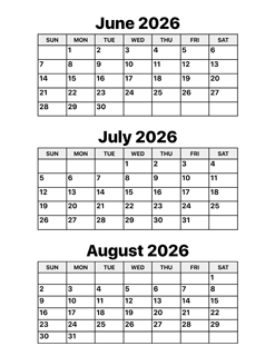 June July August 2026 Calendar