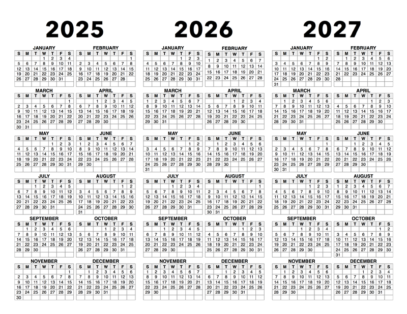 3 Year Calendar 2025 to 2027 – Calendar Options