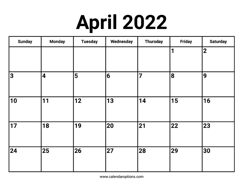 April 2022 Calendar Calendar Options