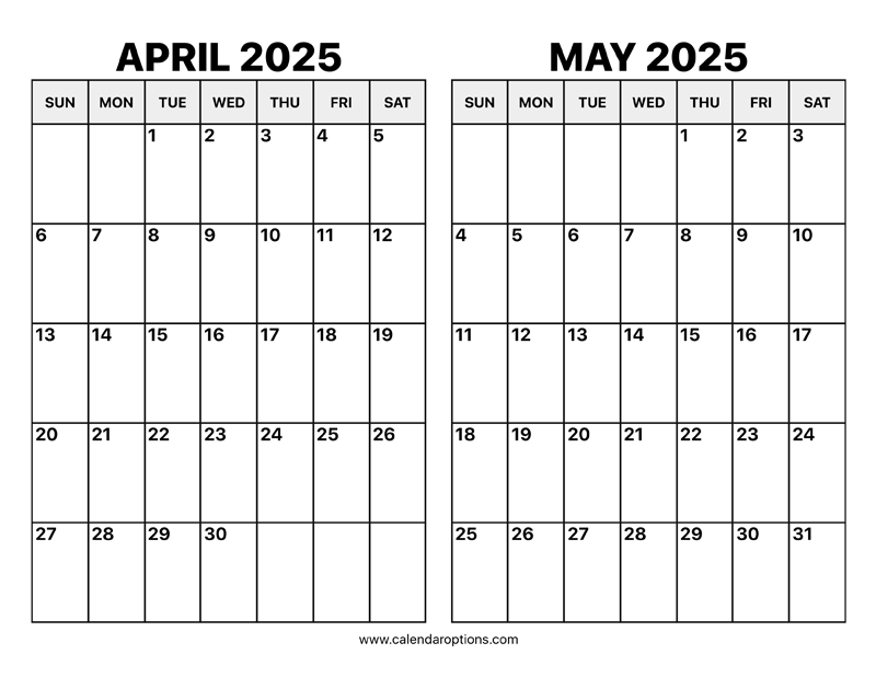 April and May 2025 Calendar – Calendar Options