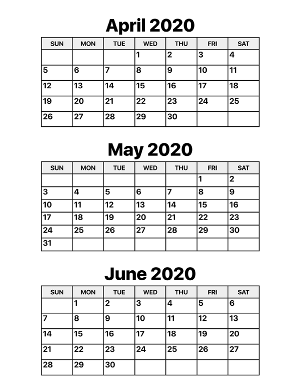 April May And June 2020 Calendar Calendar Options