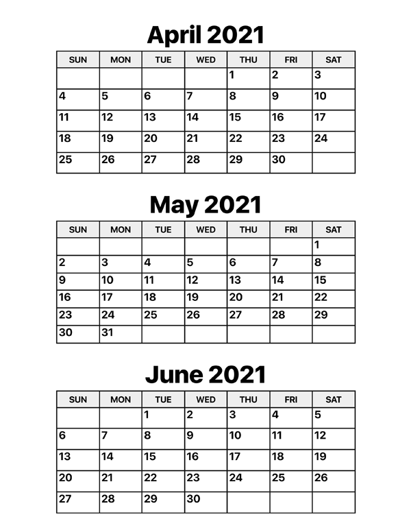 April, May and June 2021 Calendar – Calendar Options