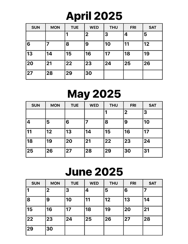 April, May and June 2025 Calendar – Calendar Options