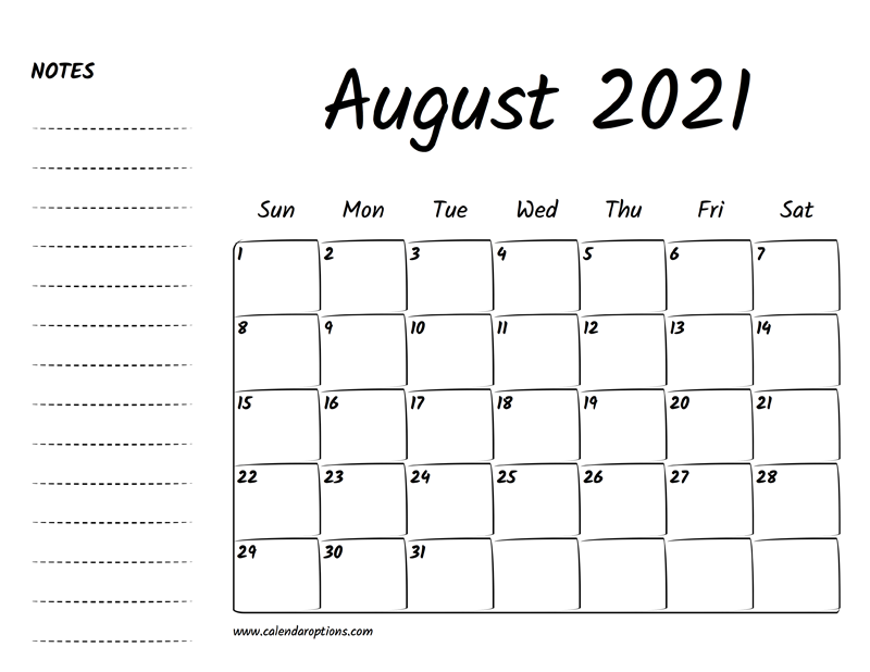 August 2021 Printable Calendar Calendar Options