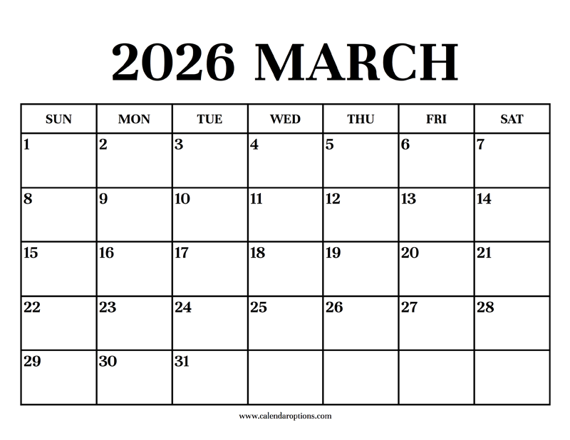 March 2026 calendar serif font